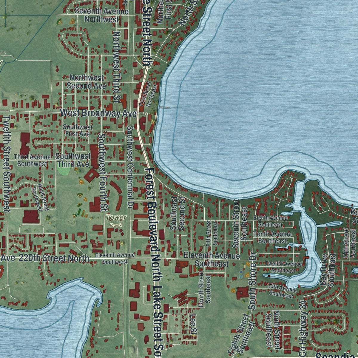 Close-up of the map of Forest Lake, Minnesota print showing street and building detail