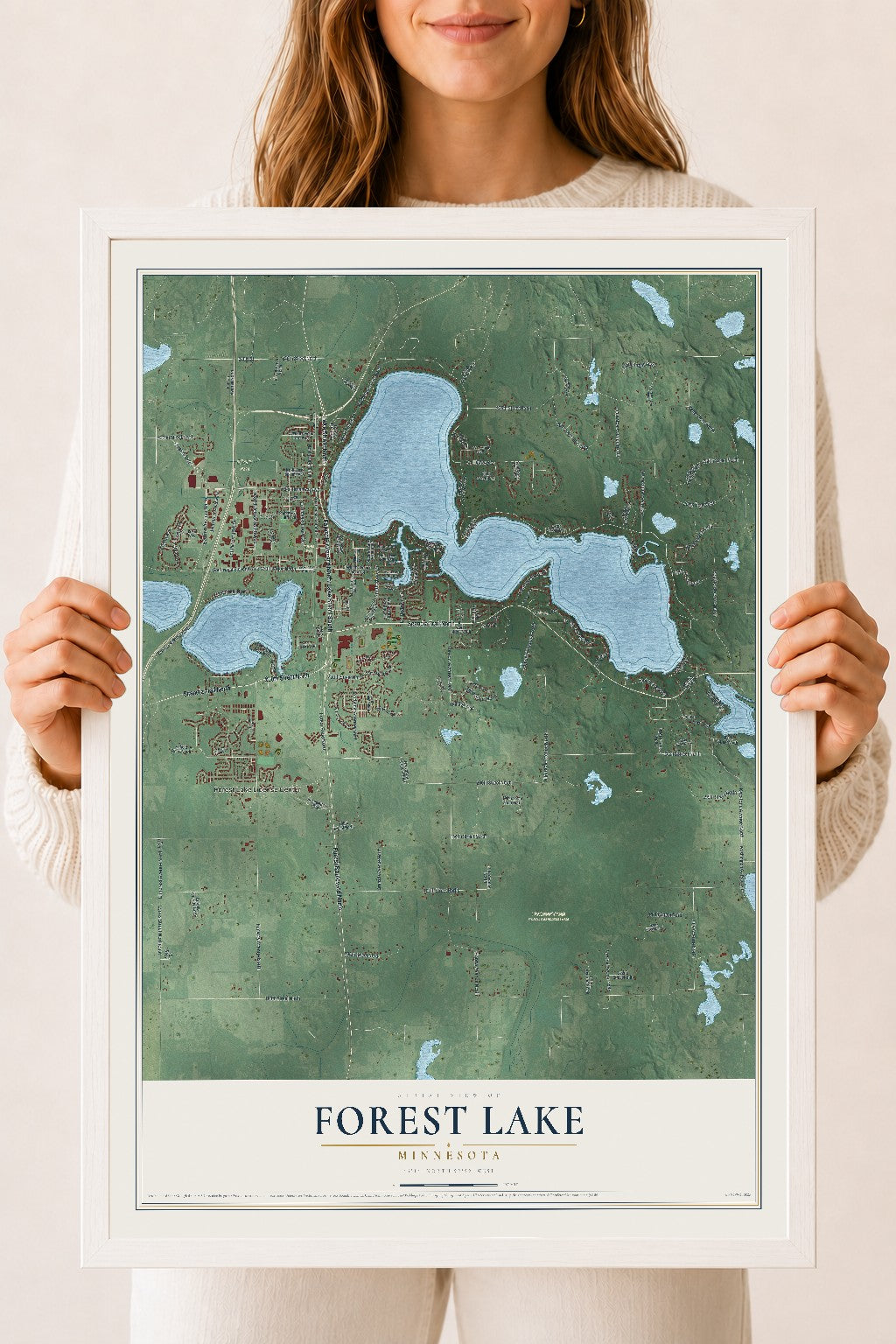 Map of Forest Lake, Minnesota, 18 x 24 inch print in a white wood frame