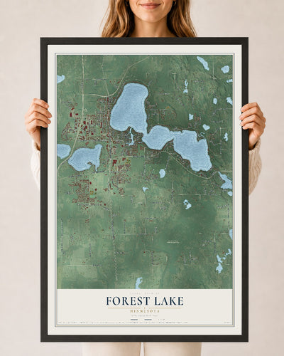 Map of Forest Lake, Minnesota, 24 x 36 inch print in a black wood frame