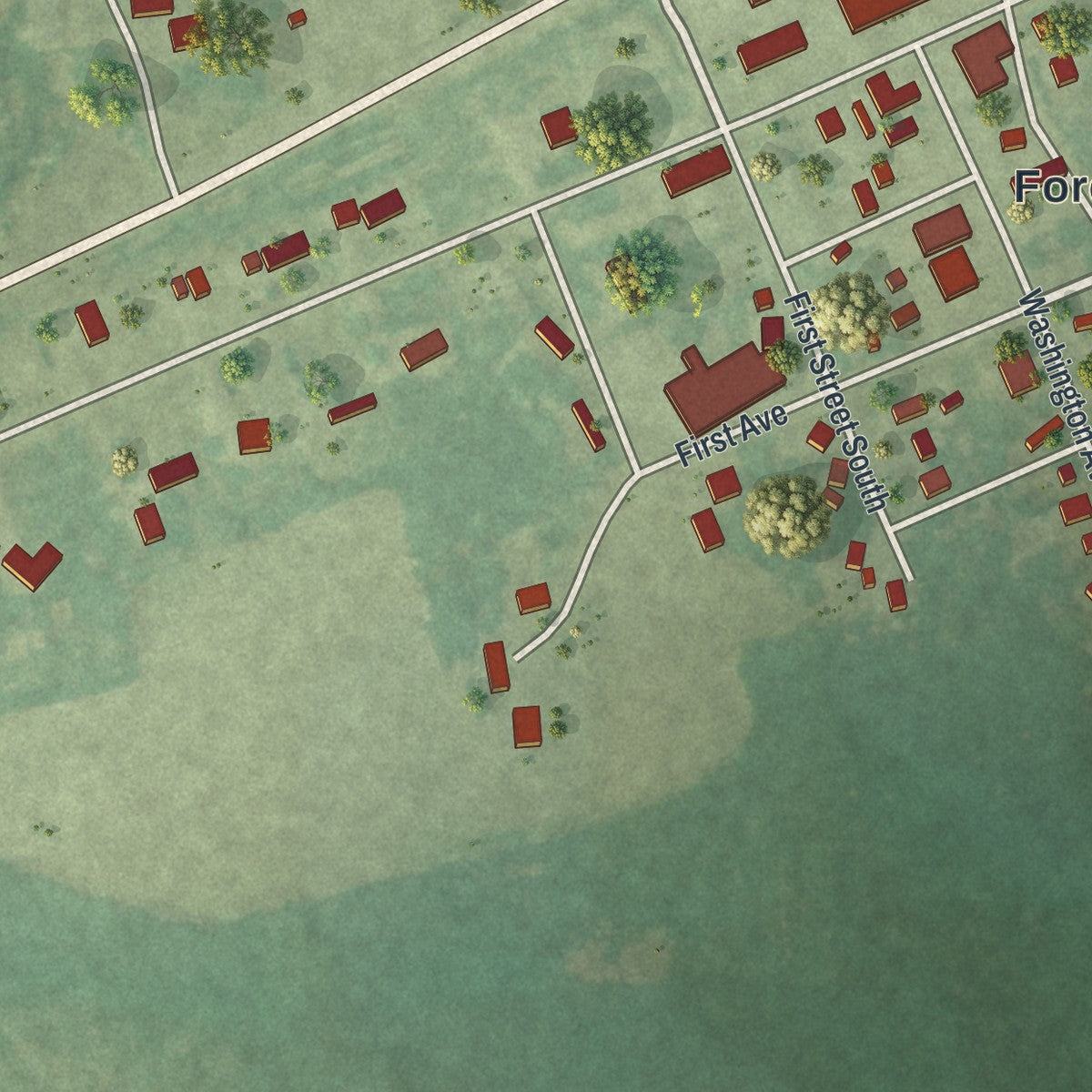 Second close-up of the map of Foreston, Minnesota print showing more streets and buildings