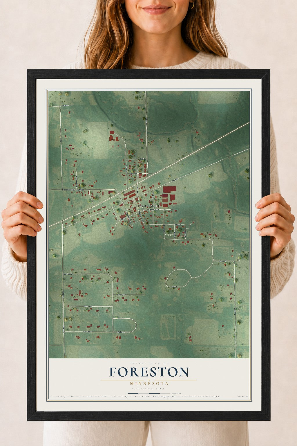 Map of Foreston, Minnesota, 18 x 24 inch print in a black wood frame