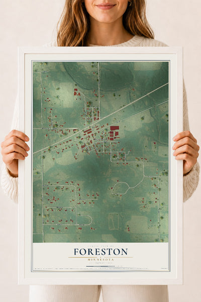 Map of Foreston, Minnesota, 18 x 24 inch print in a white wood frame