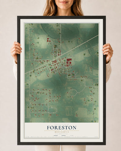 Map of Foreston, Minnesota, 24 x 36 inch print in a black wood frame