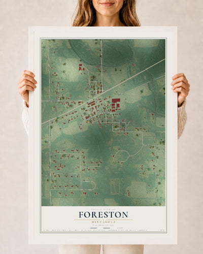 Map of Foreston, Minnesota, 24 x 36 inch print in a white wood frame
