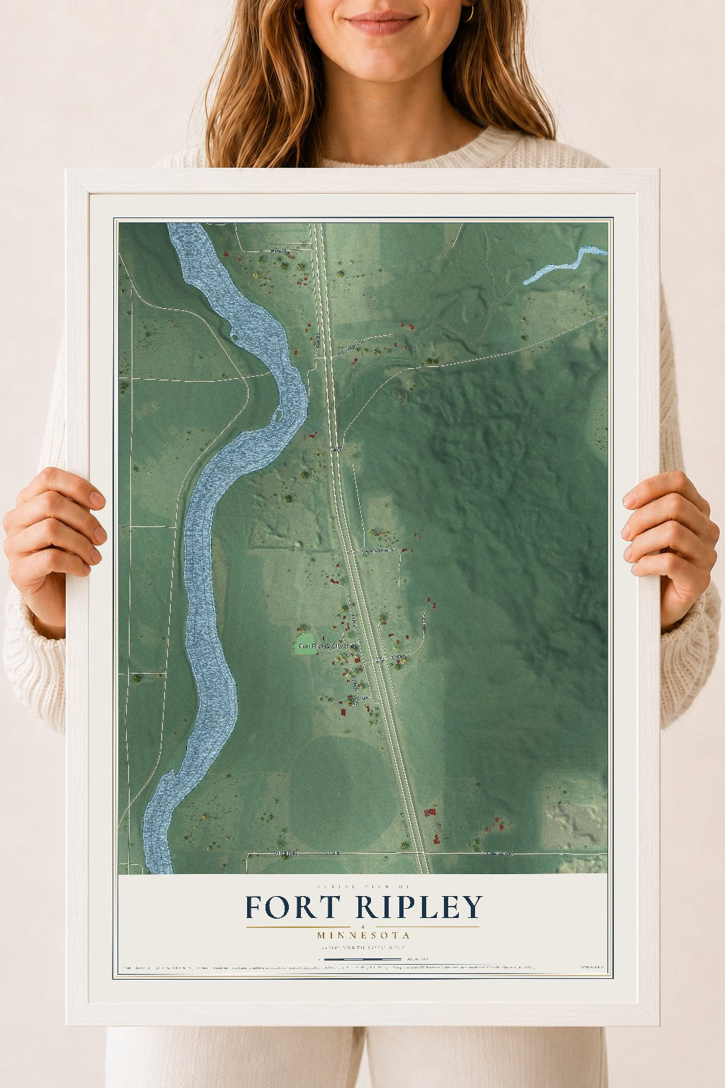 Map of Fort Ripley, Minnesota, 18 x 24 inch print in a white wood frame