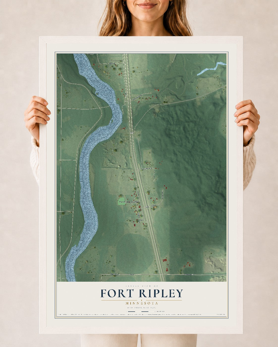 Map of Fort Ripley, Minnesota, 24 x 36 inch print in a white wood frame