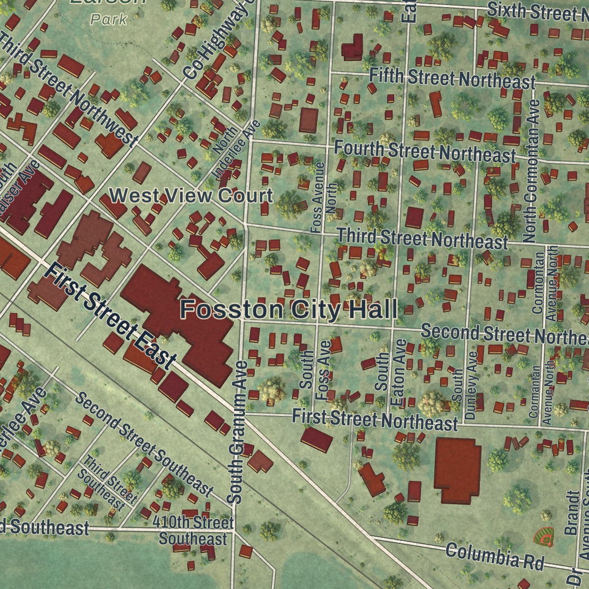 Close-up of the map of Fosston, Minnesota print showing street and building detail