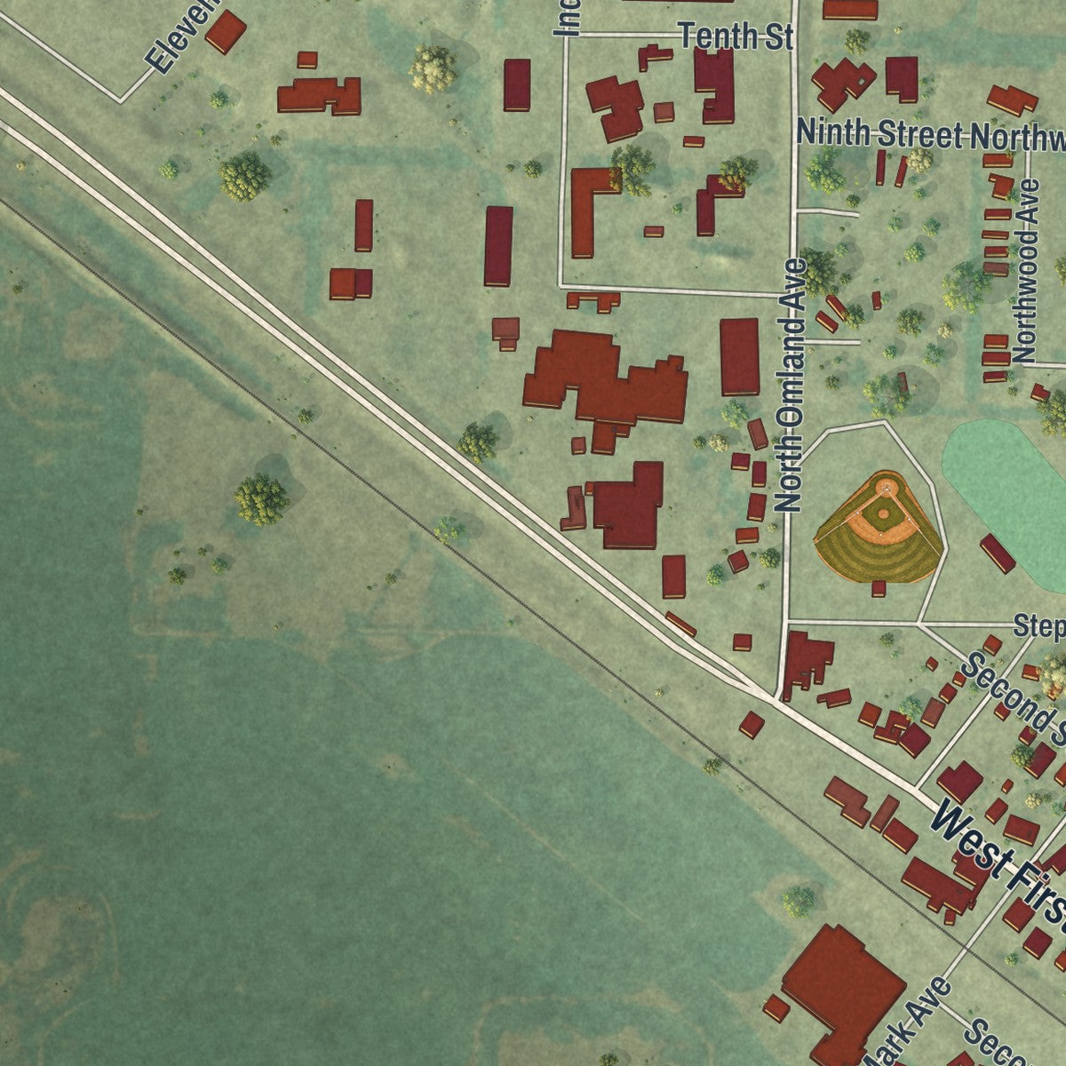 Second close-up of the map of Fosston, Minnesota print showing more streets and buildings