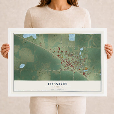Map of Fosston, Minnesota, 12 x 18 inch print in a white wood frame