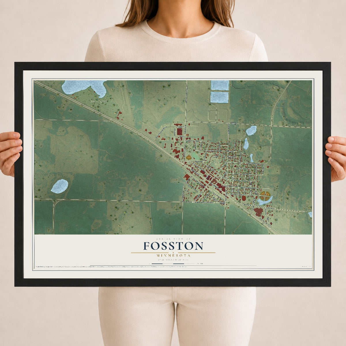Map of Fosston, Minnesota, 18 x 24 inch print in a black wood frame