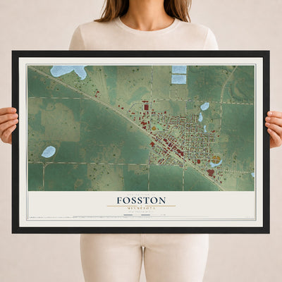 Map of Fosston, Minnesota, 18 x 24 inch print in a black wood frame