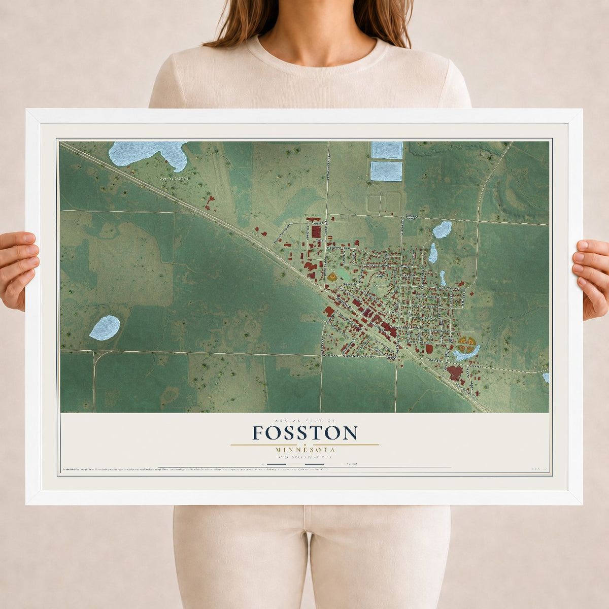 Map of Fosston, Minnesota, 18 x 24 inch print in a white wood frame