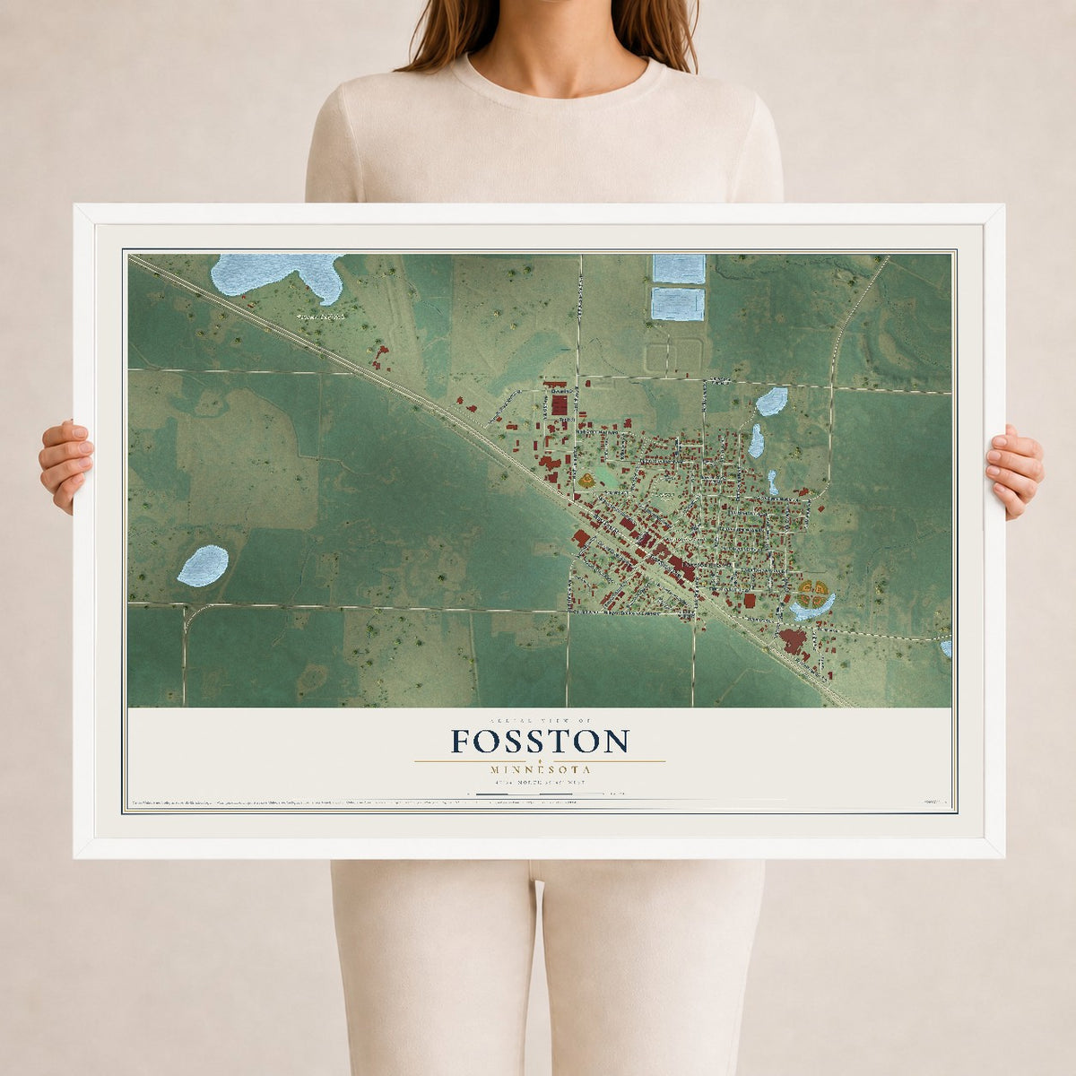 Map of Fosston, Minnesota, 24 x 36 inch print in a white wood frame