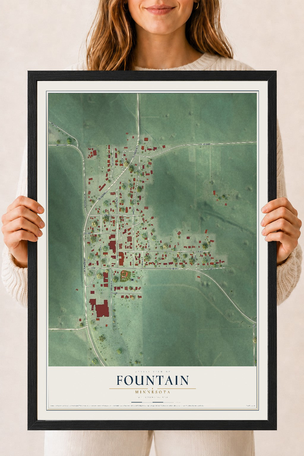 Map of Fountain, Minnesota, 18 x 24 inch print in a black wood frame