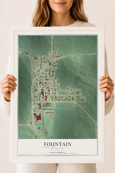 Map of Fountain, Minnesota, 18 x 24 inch print in a white wood frame