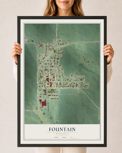 Map of Fountain, Minnesota, 24 x 36 inch print in a black wood frame