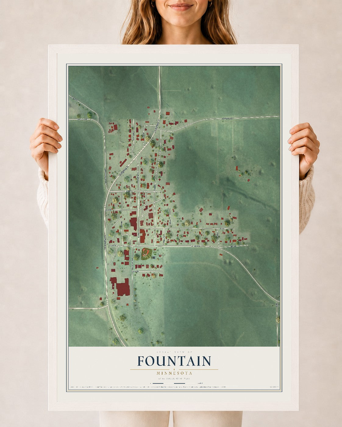 Map of Fountain, Minnesota, 24 x 36 inch print in a white wood frame