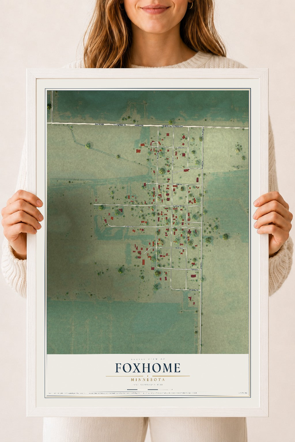 Map of Foxhome, Minnesota, 18 x 24 inch print in a white wood frame