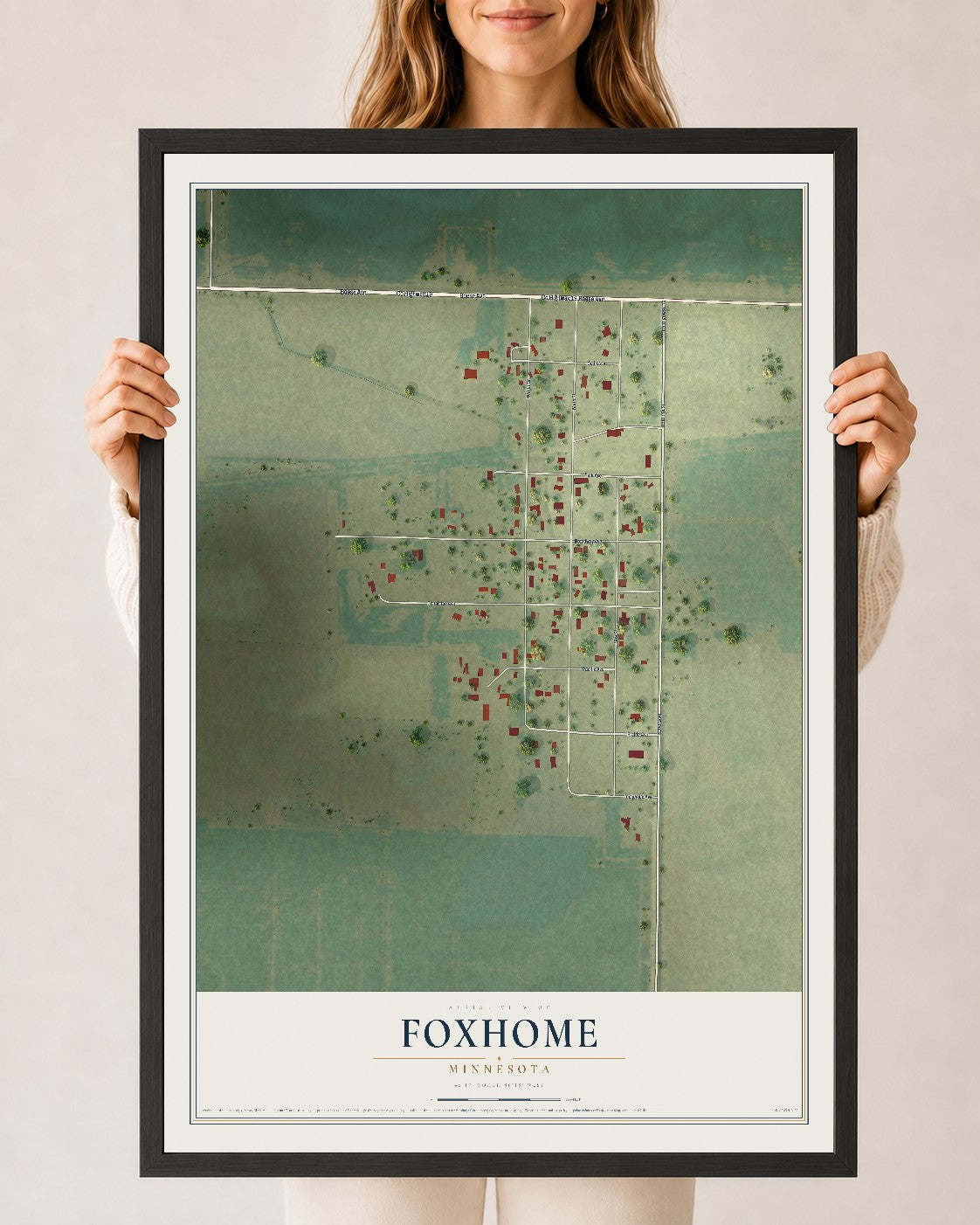Map of Foxhome, Minnesota, 24 x 36 inch print in a black wood frame