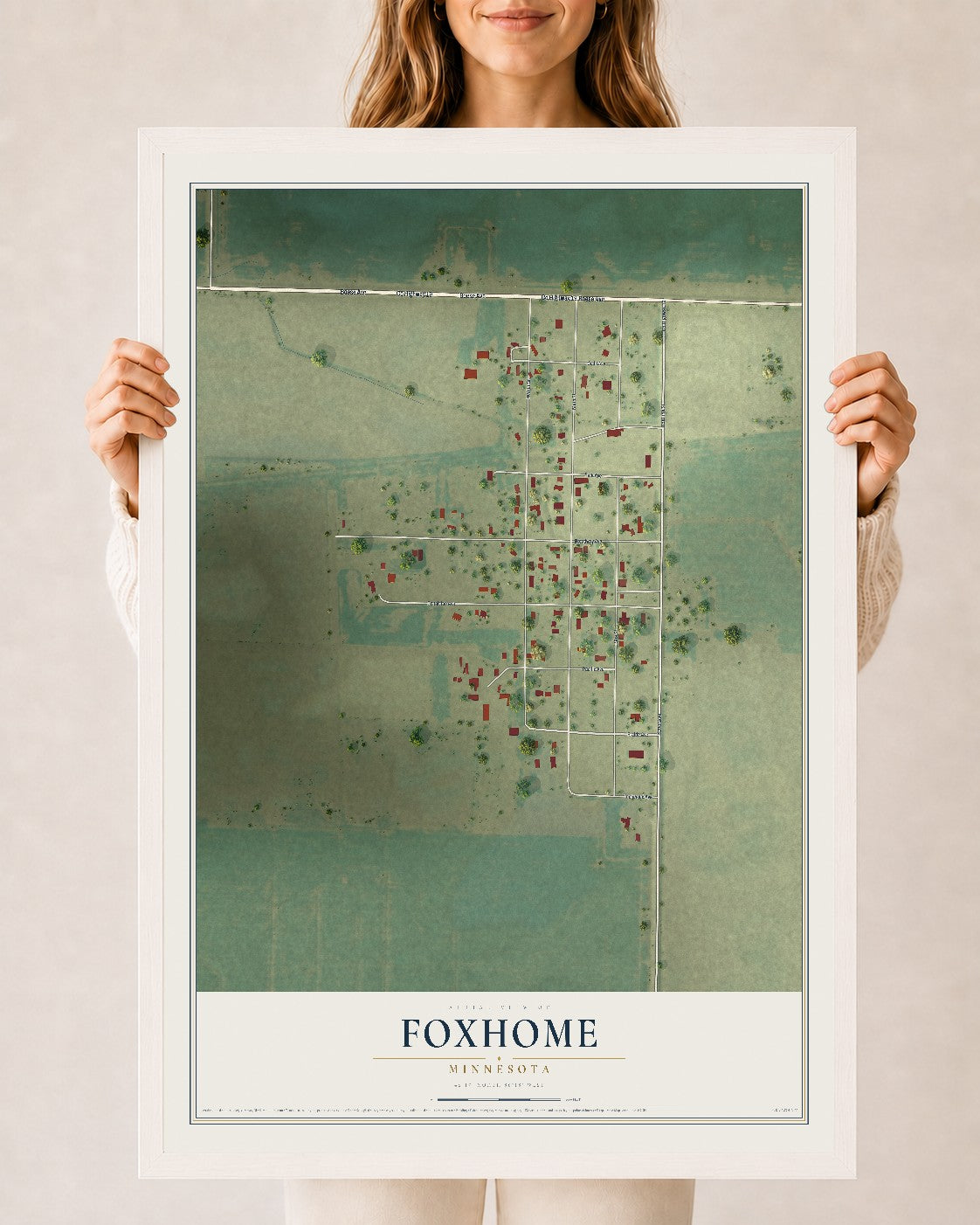 Map of Foxhome, Minnesota, 24 x 36 inch print in a white wood frame