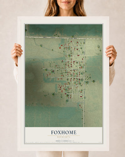 Map of Foxhome, Minnesota, 24 x 36 inch print in a white wood frame