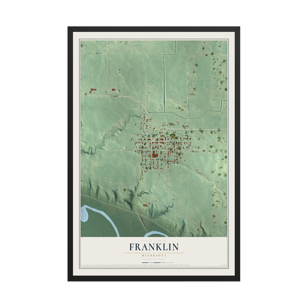 Map of Franklin, Minnesota, 12 x 18 inch print in a black wood frame