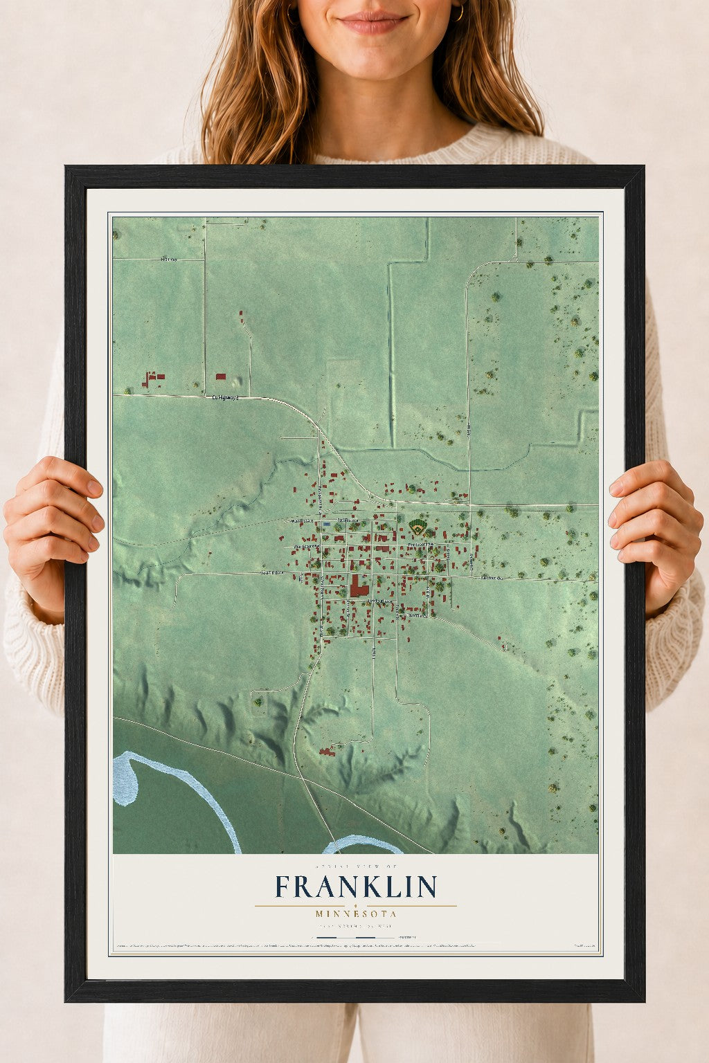 Map of Franklin, Minnesota, 18 x 24 inch print in a black wood frame