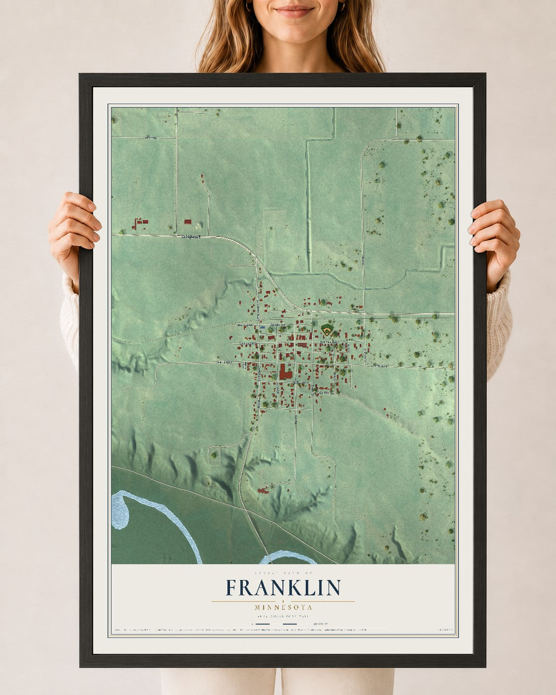Map of Franklin, Minnesota, 24 x 36 inch print in a black wood frame