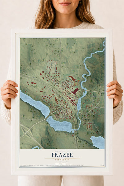 Map of Frazee, Minnesota, 18 x 24 inch print in a white wood frame