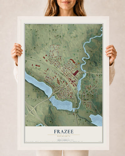 Map of Frazee, Minnesota, 24 x 36 inch print in a white wood frame