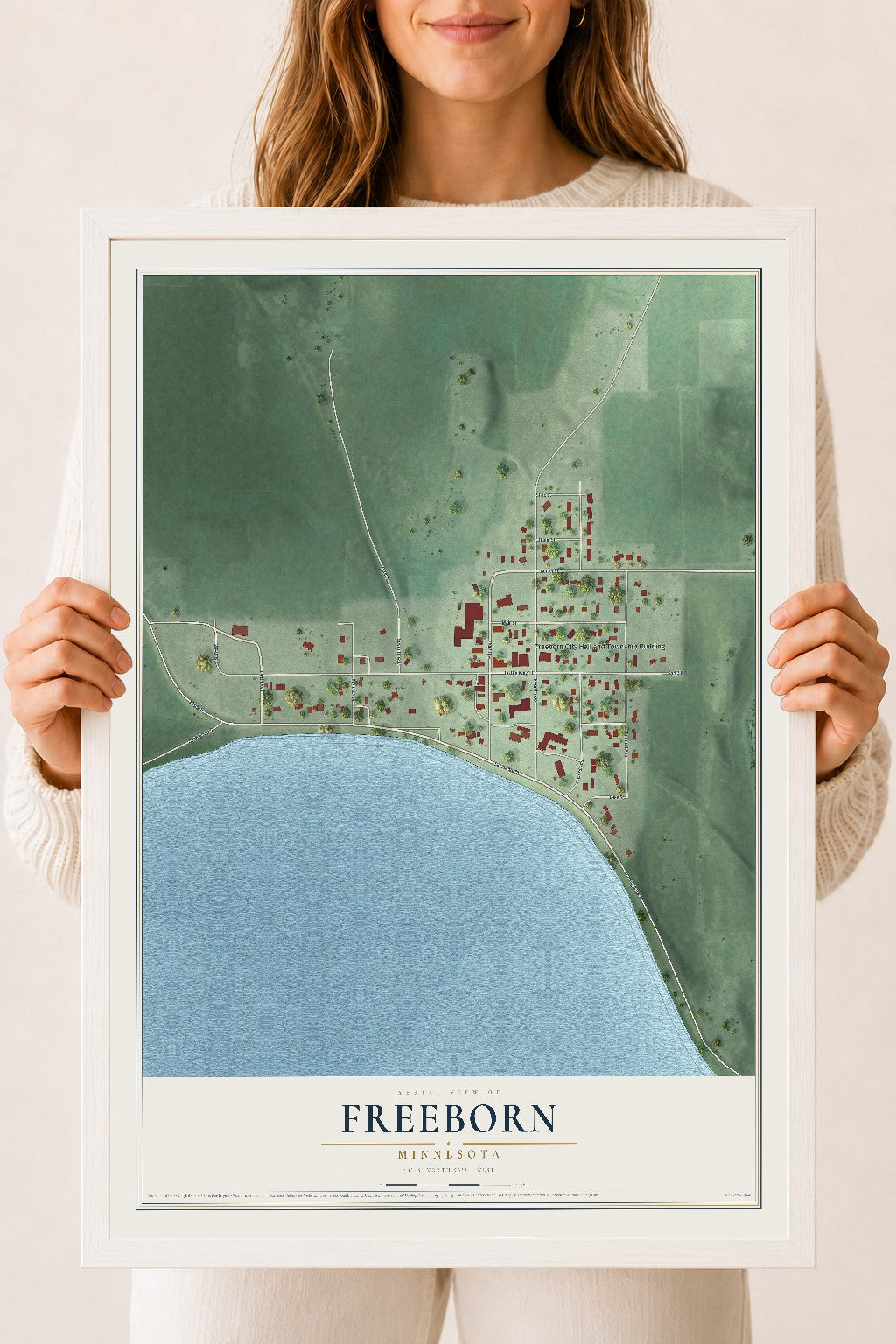 Map of Freeborn, Minnesota, 18 x 24 inch print in a white wood frame