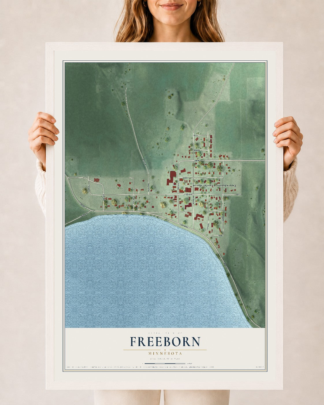 Map of Freeborn, Minnesota, 24 x 36 inch print in a white wood frame