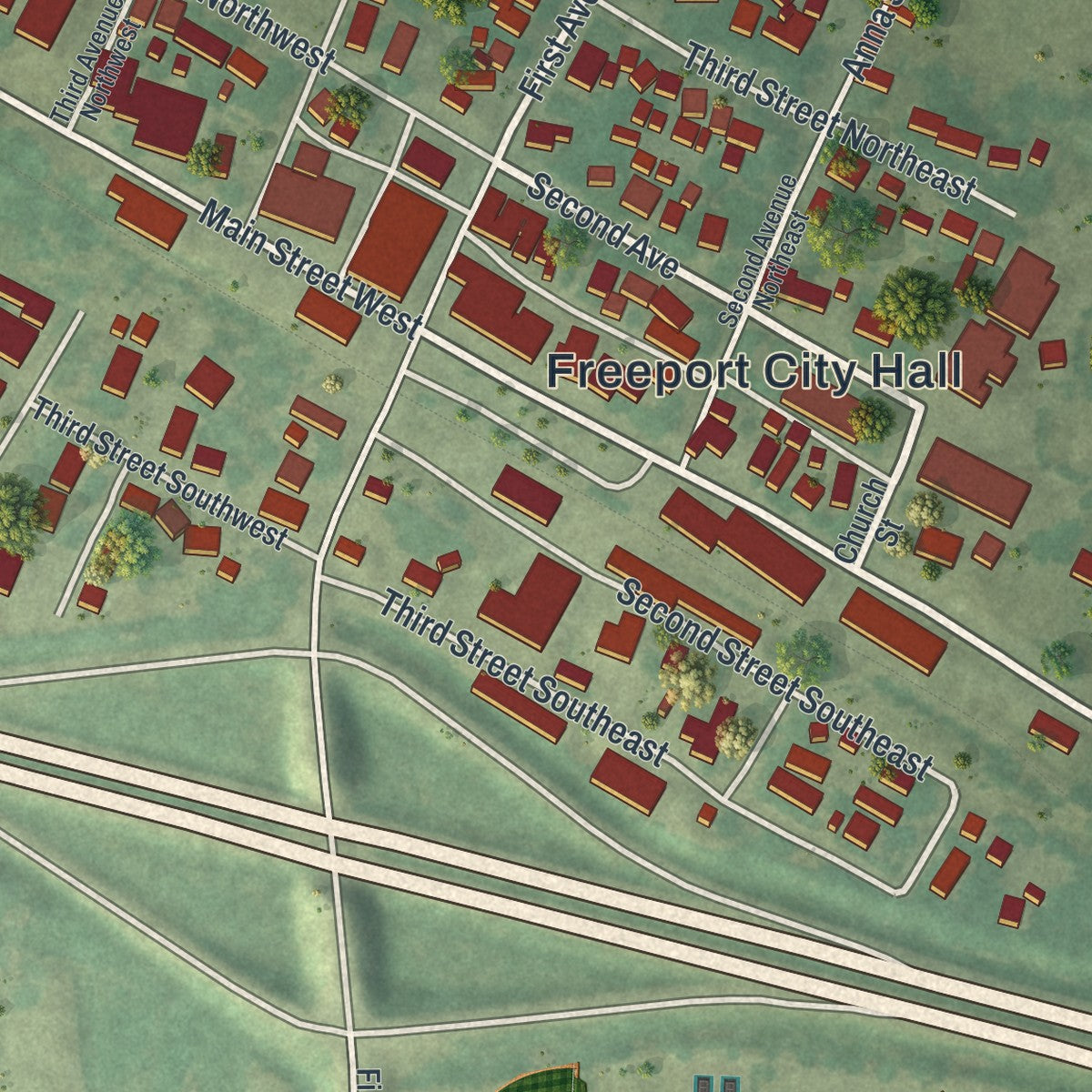 Close-up of the map of Freeport, Minnesota print showing street and building detail