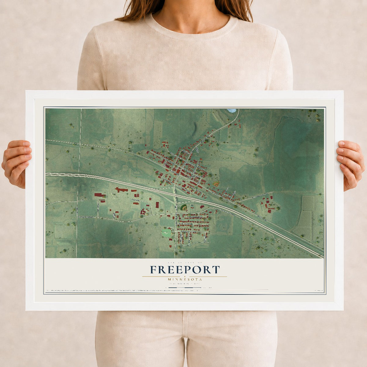Map of Freeport, Minnesota, 12 x 18 inch print in a white wood frame