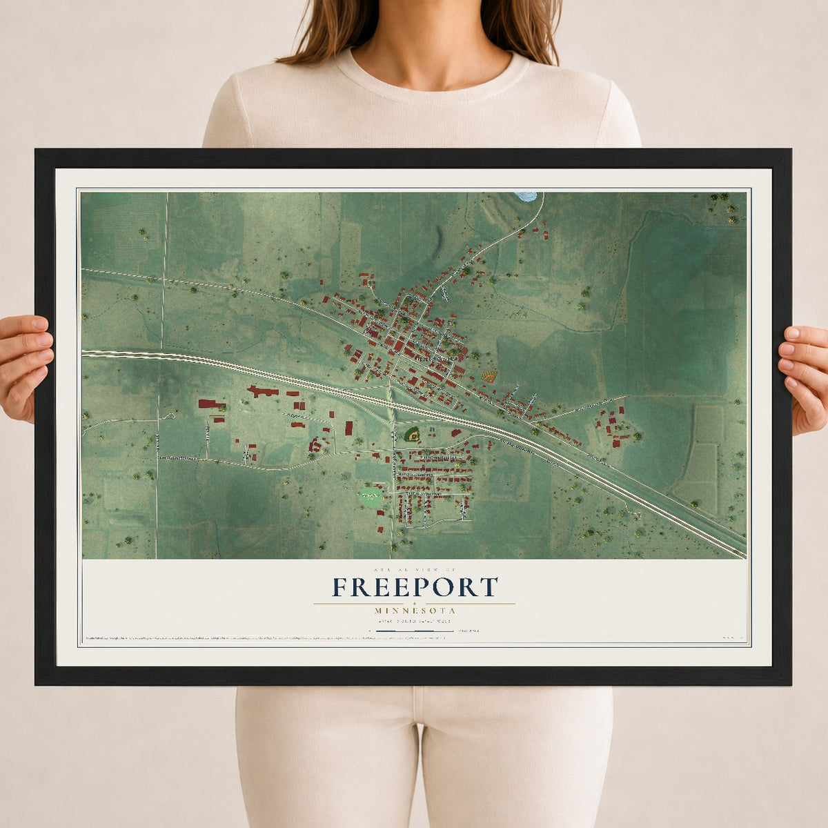 Map of Freeport, Minnesota, 18 x 24 inch print in a black wood frame