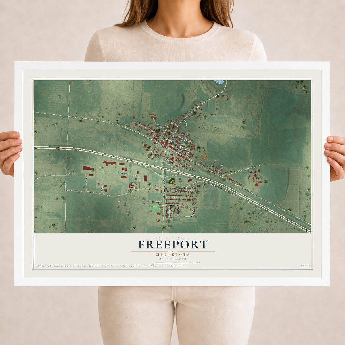 Map of Freeport, Minnesota, 18 x 24 inch print in a white wood frame