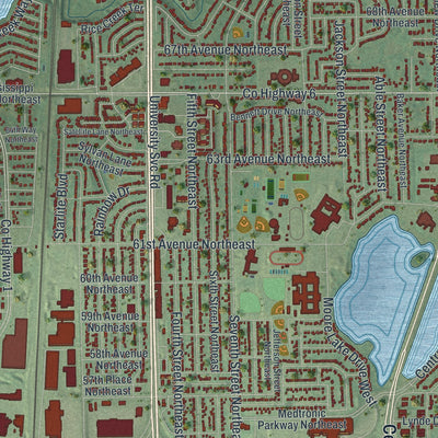 Close-up of the map of Fridley, Minnesota print showing street and building detail