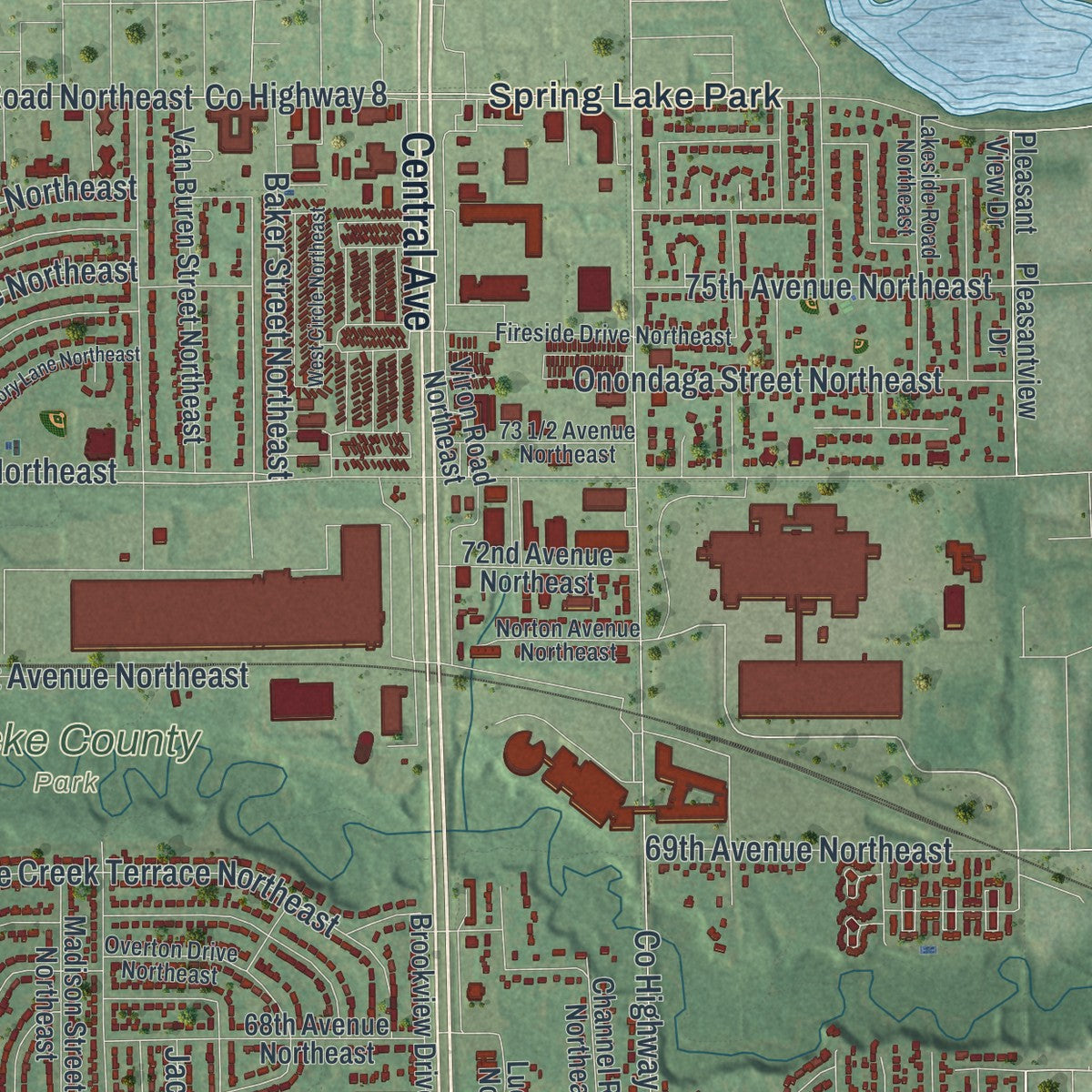 Second close-up of the map of Fridley, Minnesota print showing more streets and buildings