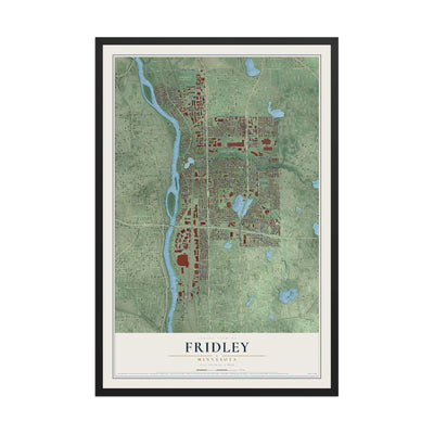 Map of Fridley, Minnesota, 12 x 18 inch print in a black wood frame