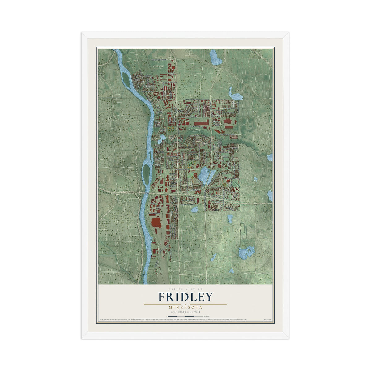 Map of Fridley, Minnesota, 12 x 18 inch print in a white wood frame