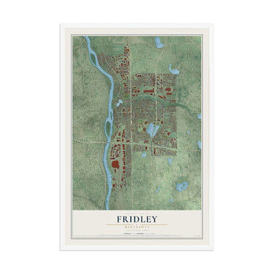 Map of Fridley, Minnesota, 12 x 18 inch print in a white wood frame