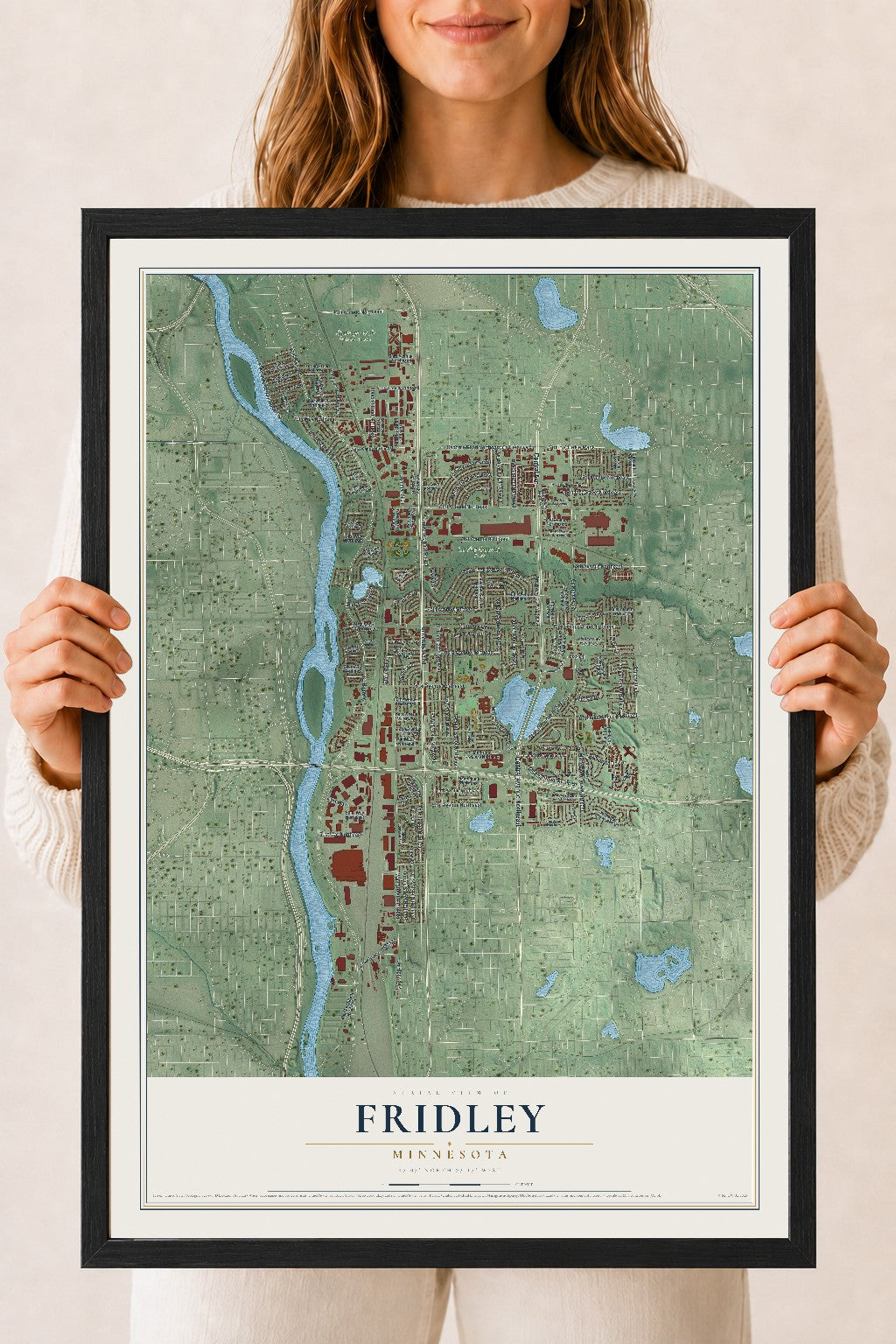 Map of Fridley, Minnesota, 18 x 24 inch print in a black wood frame