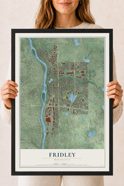 Map of Fridley, Minnesota, 18 x 24 inch print in a black wood frame