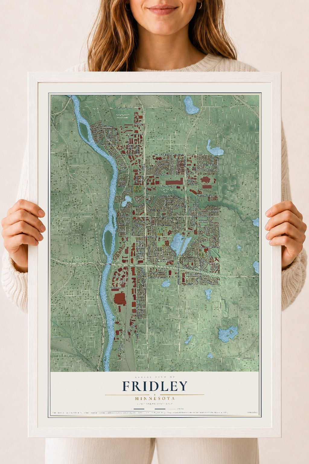 Map of Fridley, Minnesota, 18 x 24 inch print in a white wood frame