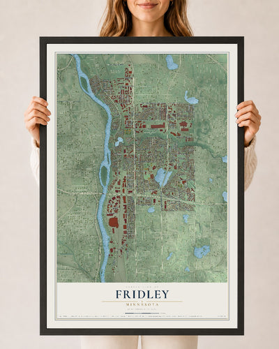 Map of Fridley, Minnesota, 24 x 36 inch print in a black wood frame