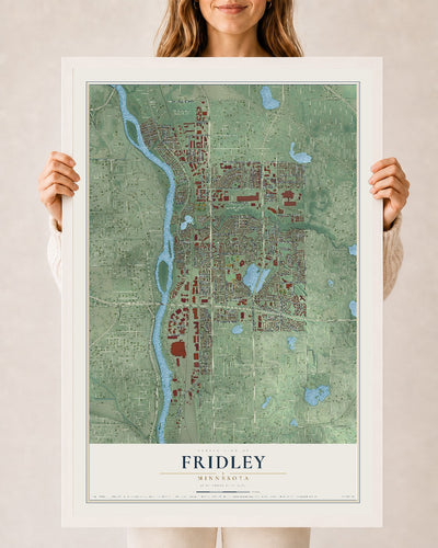 Map of Fridley, Minnesota, 24 x 36 inch print in a white wood frame