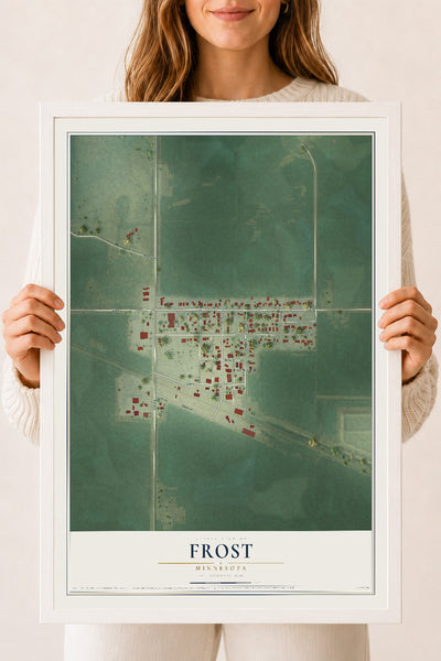 Map of Frost, Minnesota, 18 x 24 inch print in a white wood frame