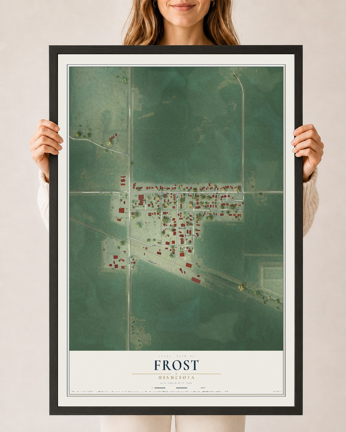 Map of Frost, Minnesota, 24 x 36 inch print in a black wood frame