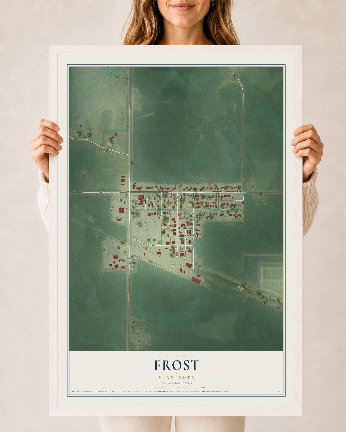 Map of Frost, Minnesota, 24 x 36 inch print in a white wood frame