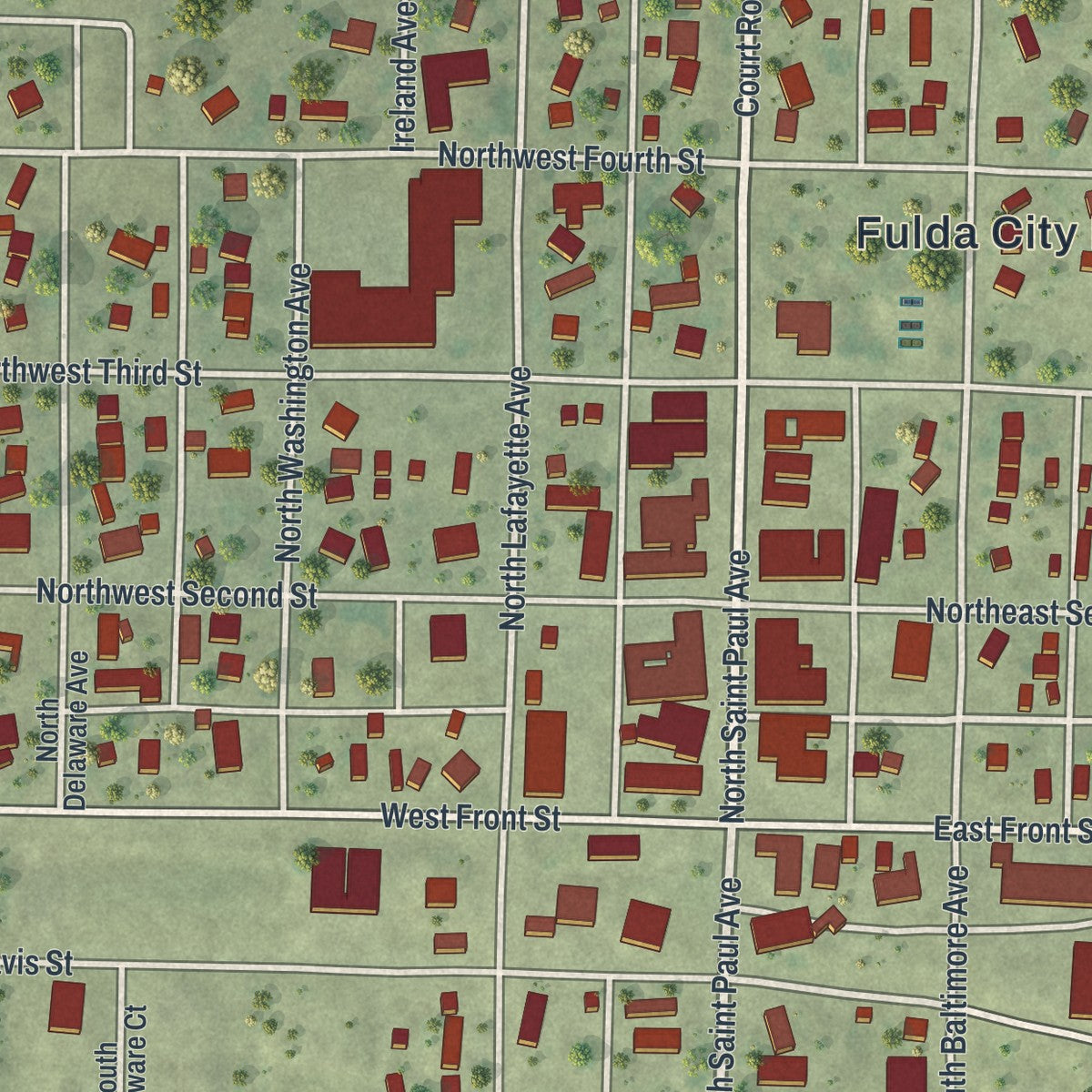 Close-up of the map of Fulda, Minnesota print showing street and building detail